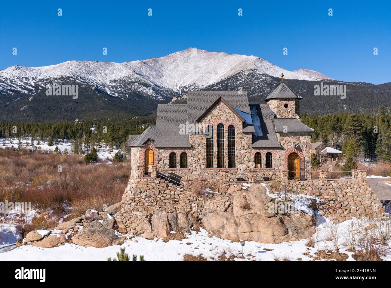 Allenspark, Colorado - November 29, 2020: Saint Catherine of Siena Chapel, also know as Chapel on the Rock Stock Photo