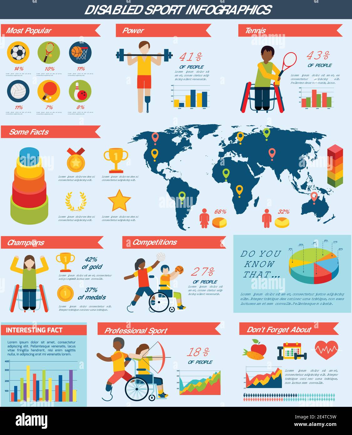 Disabled sports infographics set with playing people charts and world ...