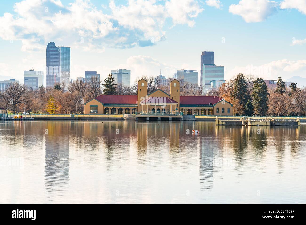 City skyline of Denver, Colorado across Ferril Lake in City Park Stock Photo