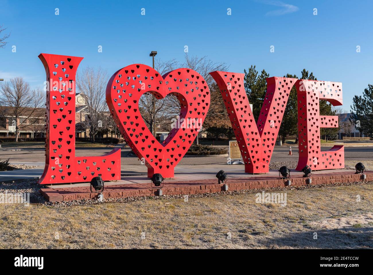 Loveland, CO - November 26, 2020: The Loveland Love Lock sculpture outside of the Loveland Visitors Center Stock Photo