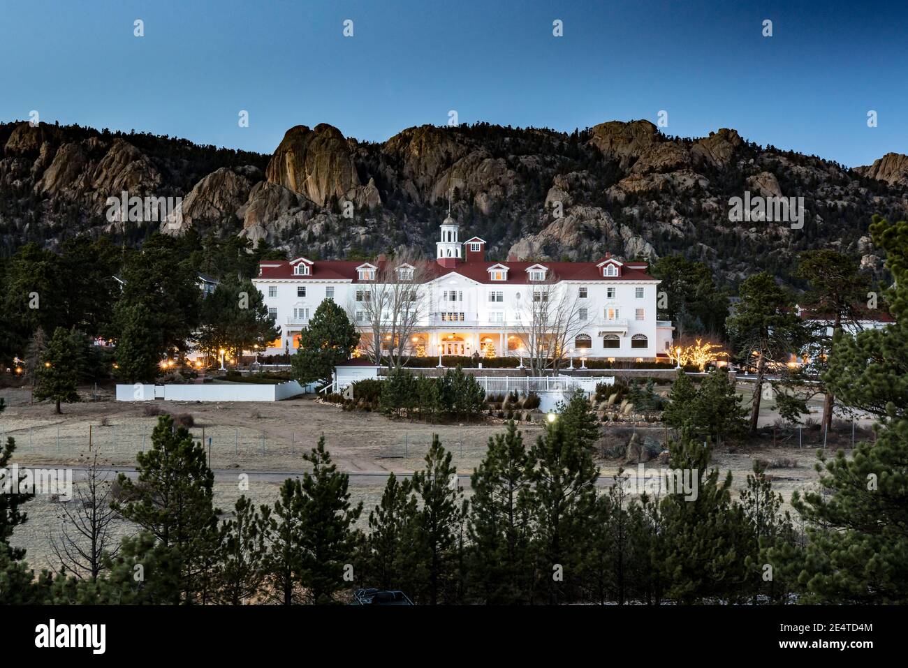 Estes Park, CO - October 31, 2020: View of the historic Staley Hotel in the Rocky Mountains of Estes Park at night Stock Photo