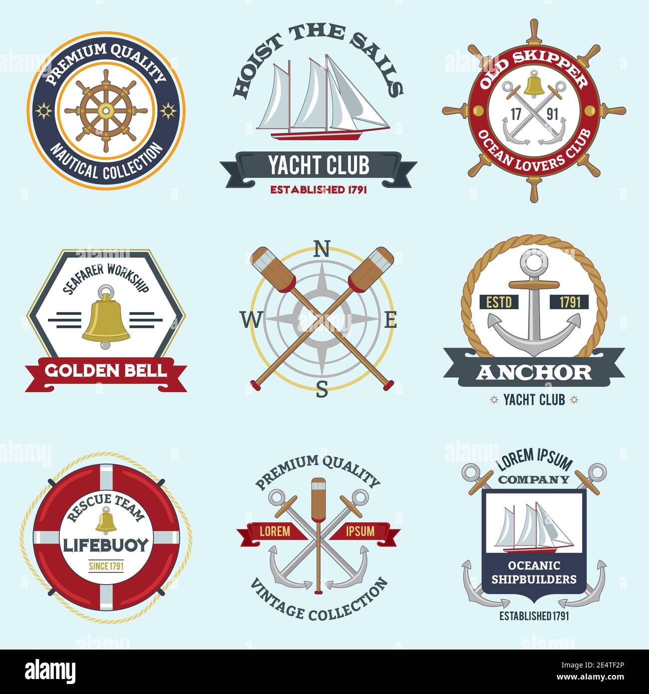Nautical labels set with premium quality seafarer emblems isolated