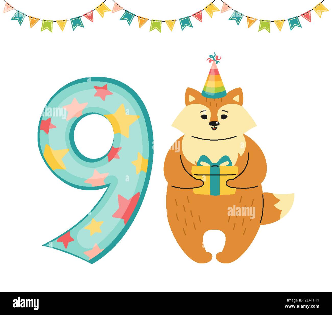 Greeting Happy Birthday card, Fox with number nine. Hand drawn red fox cartoon  character in hat. Congratulate child 9th birthday. Funny flat Animal  Template Isolated vector illustration Stock Vector Image & Art -