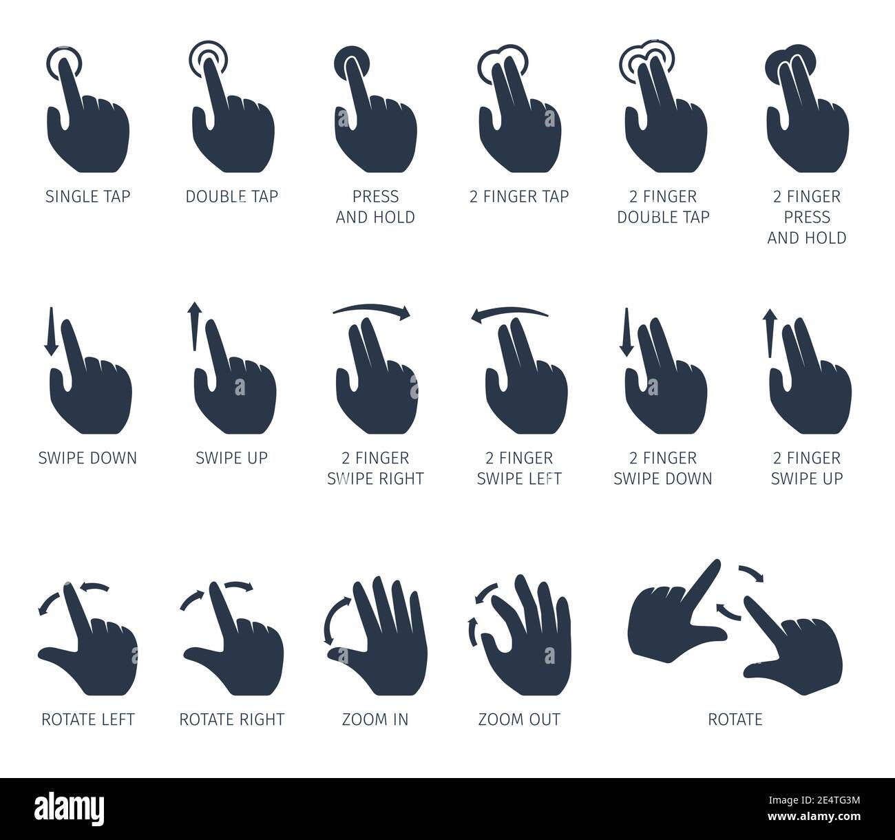 Touch gestures icons set with hands tap rotate press swipe isolated vector illustration Stock Vector