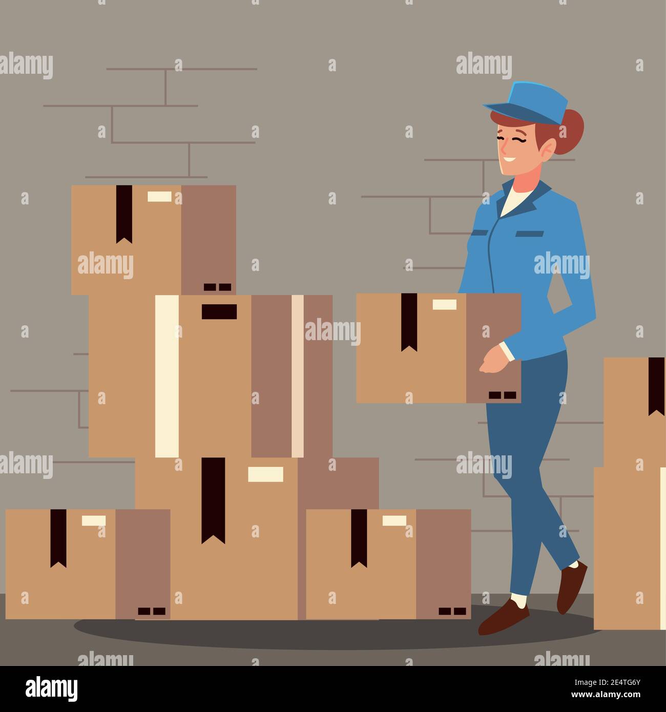postal service female worker carrying cardbord box vector illustration ...