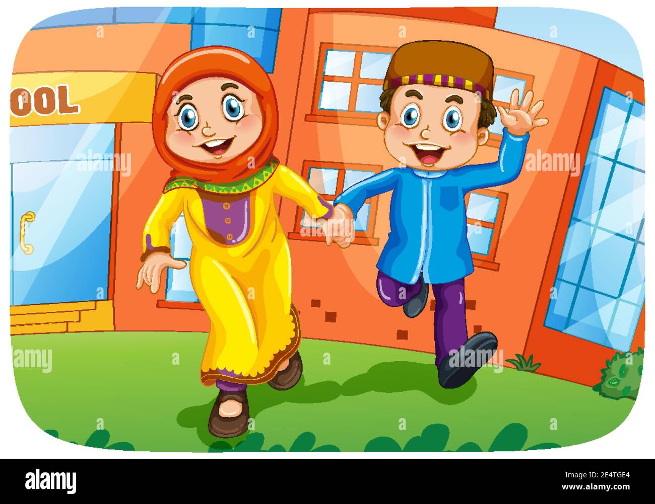 Muslim sister and brother cartoon character illustration Stock Vector