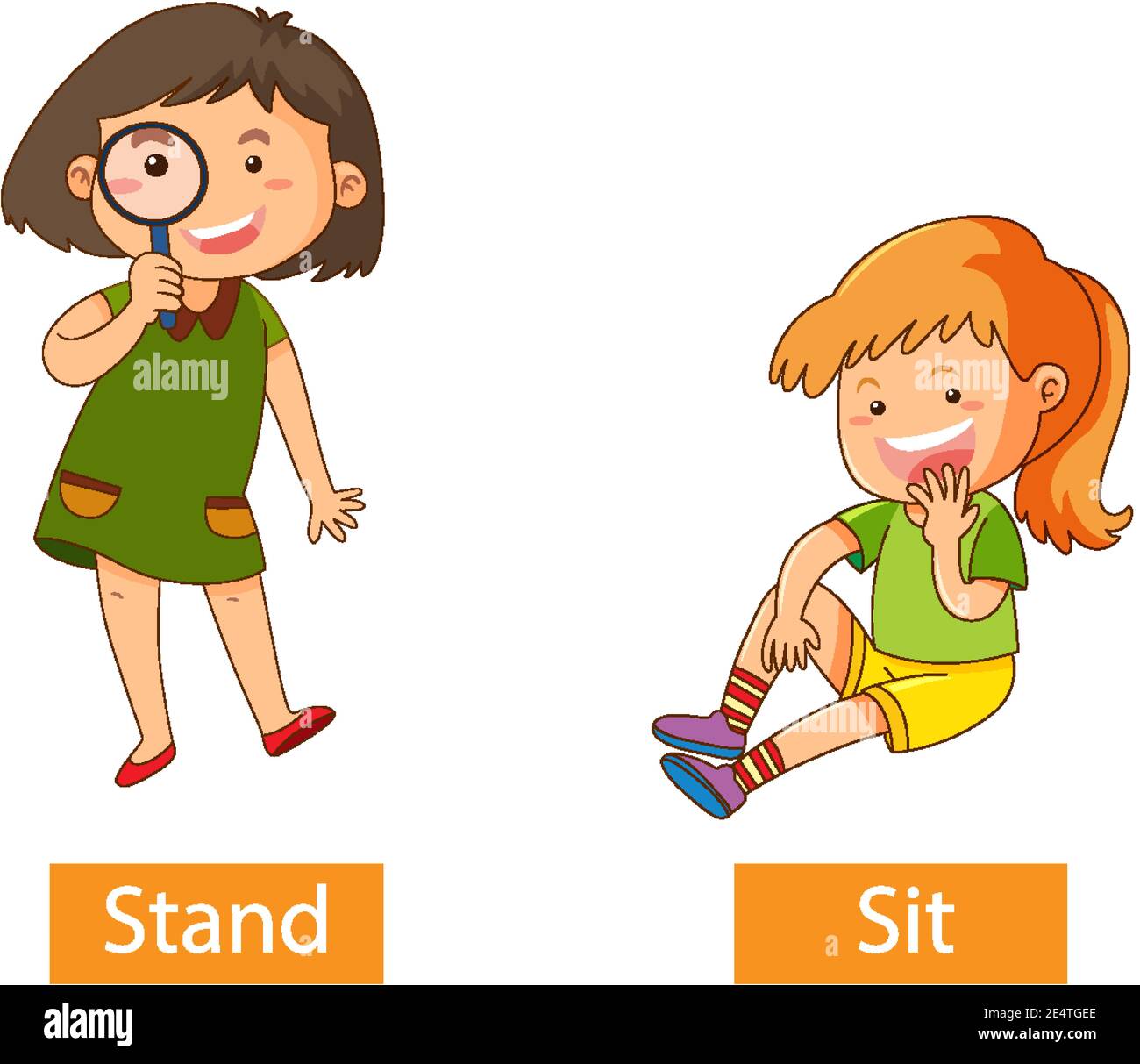 Opposite verb words with stand and sit illustration Stock Vector