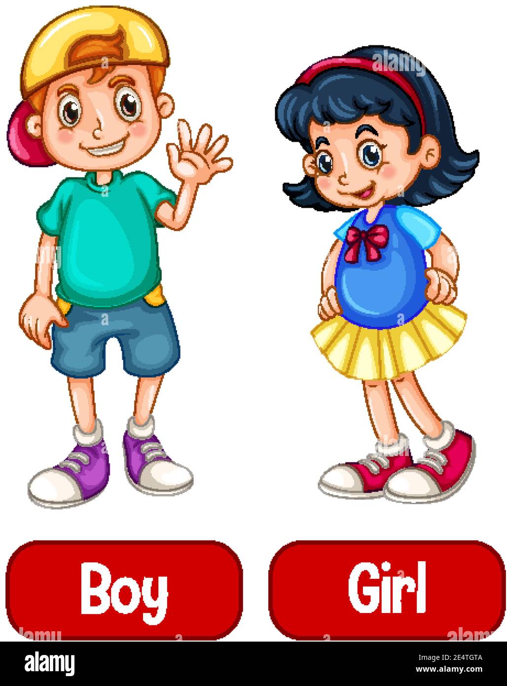 Opposite adjective words with boy and girl on white background