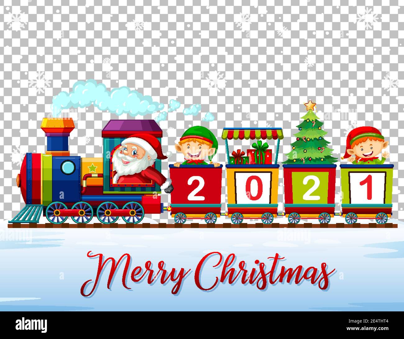 Merry Christmas font with Santa Claus and elf on the train in ...