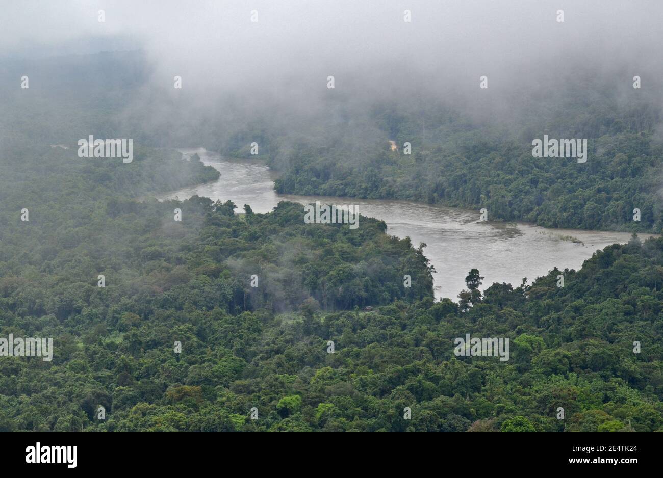 The dense jungle and steamy air over a Highlands river in Papua New Guinea. Stock Photo