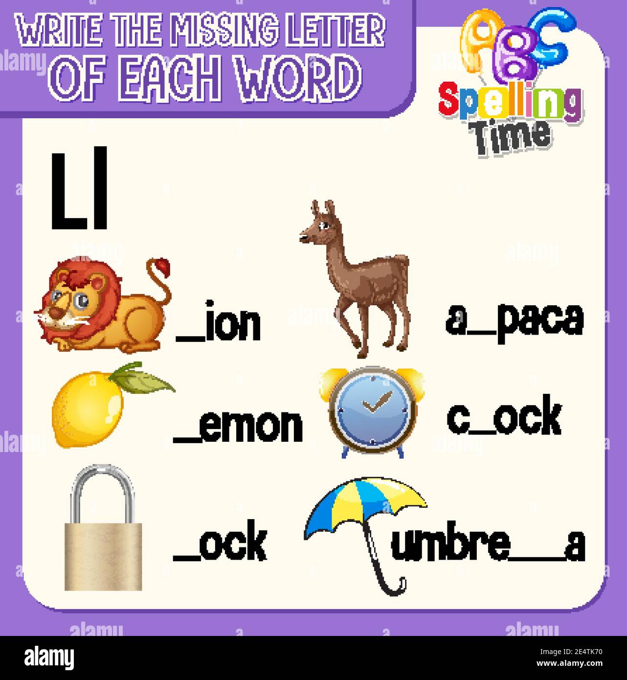 Fill the missing letter of each word worksheet for children ...