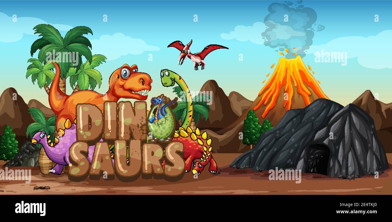 Dinosaurs cartoon character in nature scene illustration Stock Vector Image  & Art - Alamy