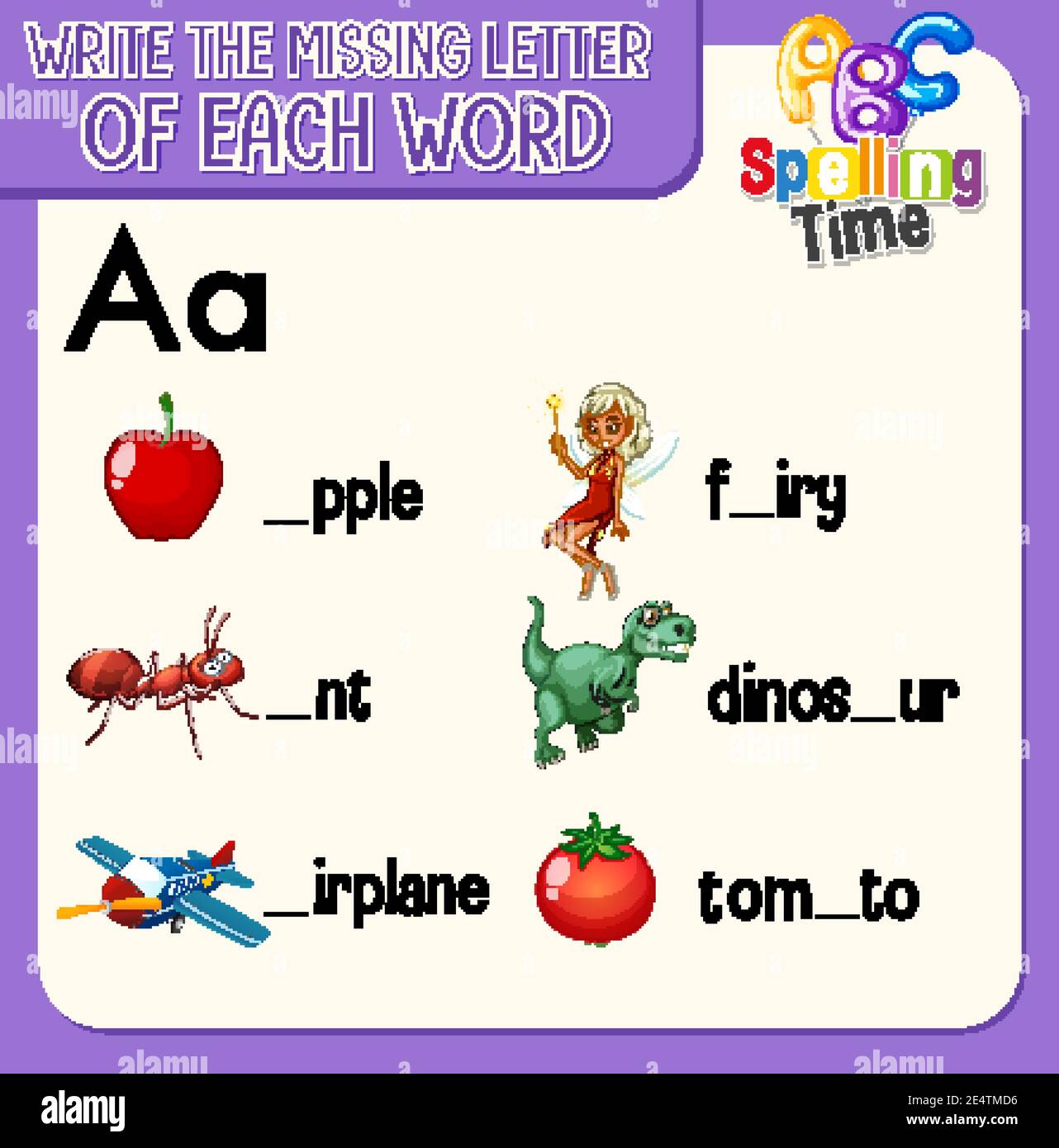 Fill the missing letter of each word worksheet for children ...