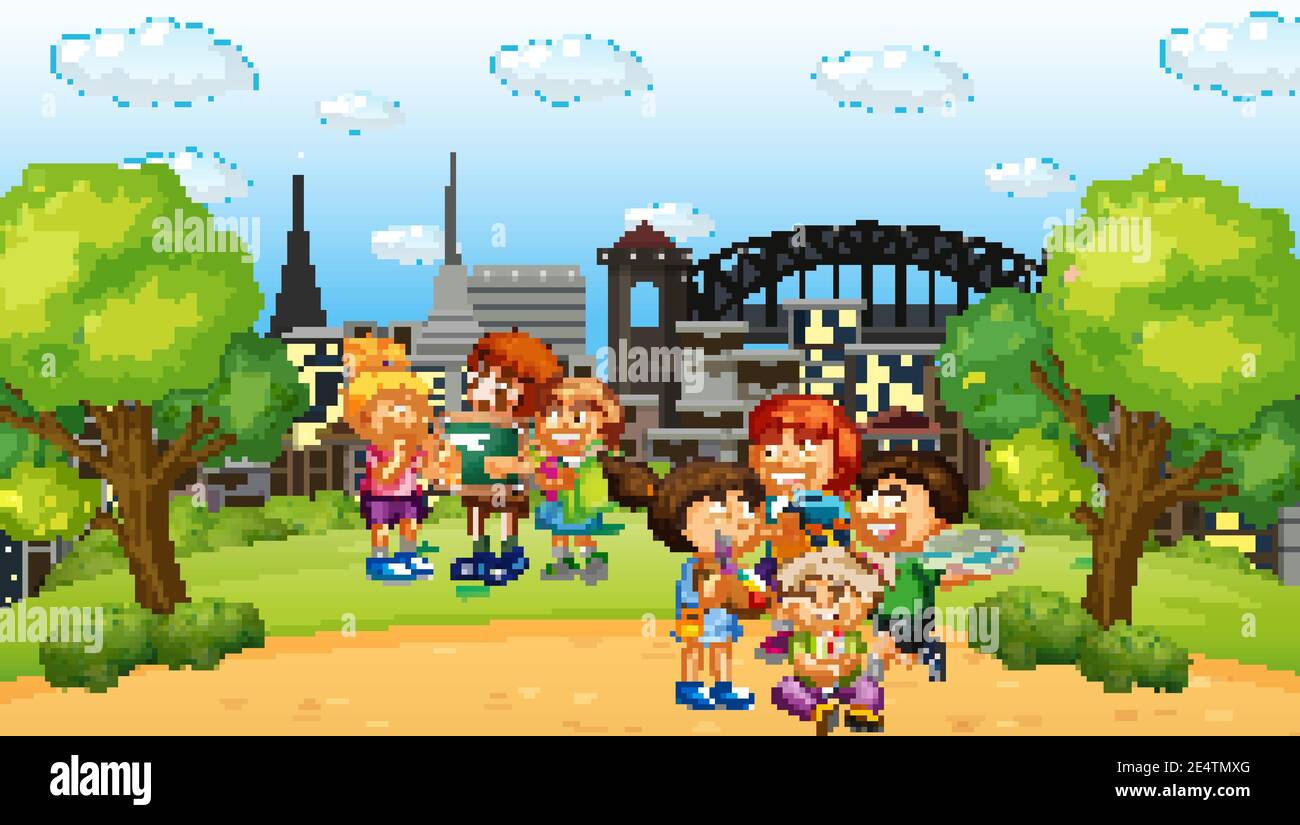 Scene with many children in the park illustration Stock Vector Image ...