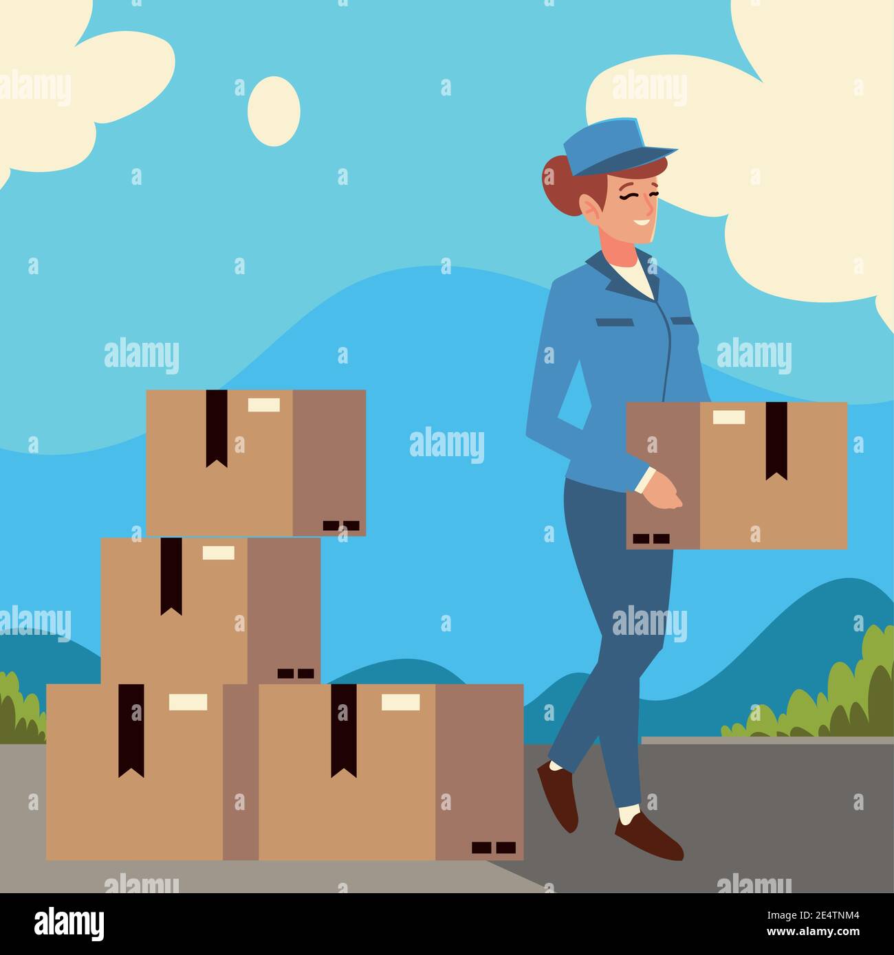 postal service female worker carrying box in the street vector ...