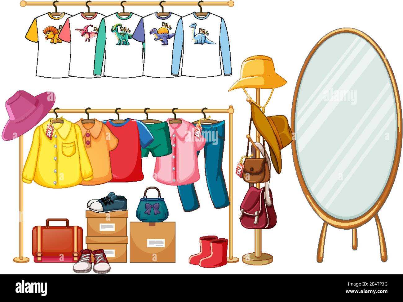Clothes hanging on clothes rack with accessories on white background  illustration Stock Vector Image & Art - Alamy