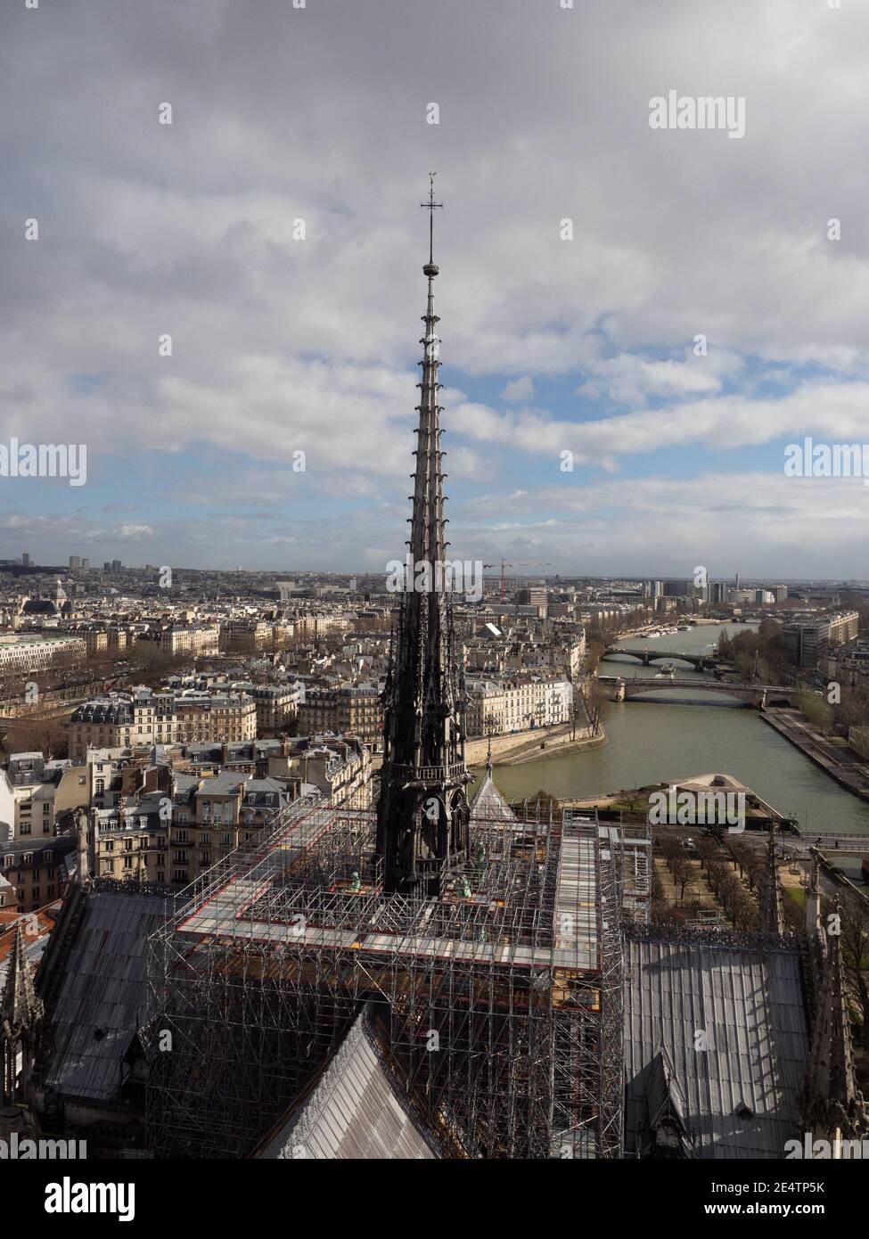 Panorama view of construction site on roof of Notre Dame de Paris France cathedral March 2019 before fire disaster collapsed spire Stock Photo