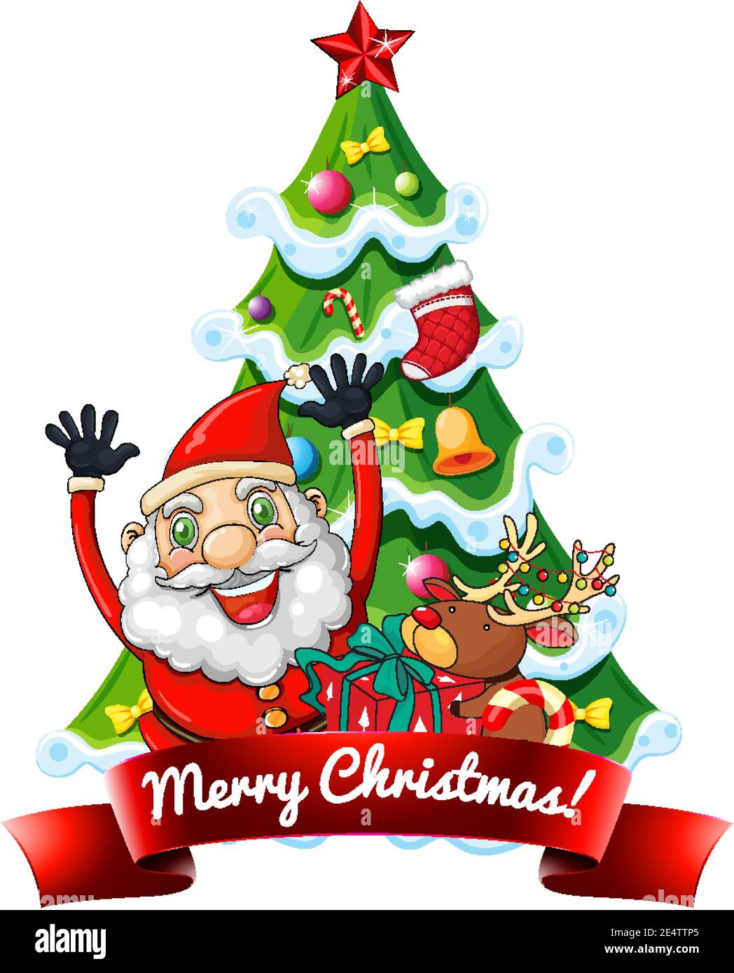 Merry Christmas font banner with Santa Claus and Reindeer on white ...