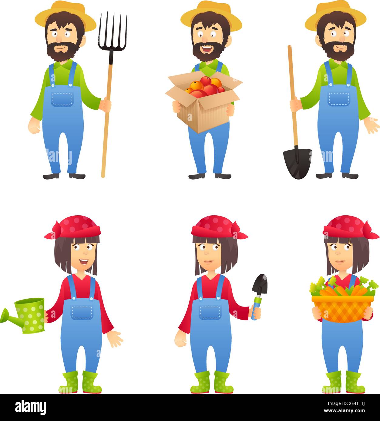 Farmer cartoon character set with males and females with agriculture equipment isolated vector illustration Stock Vector