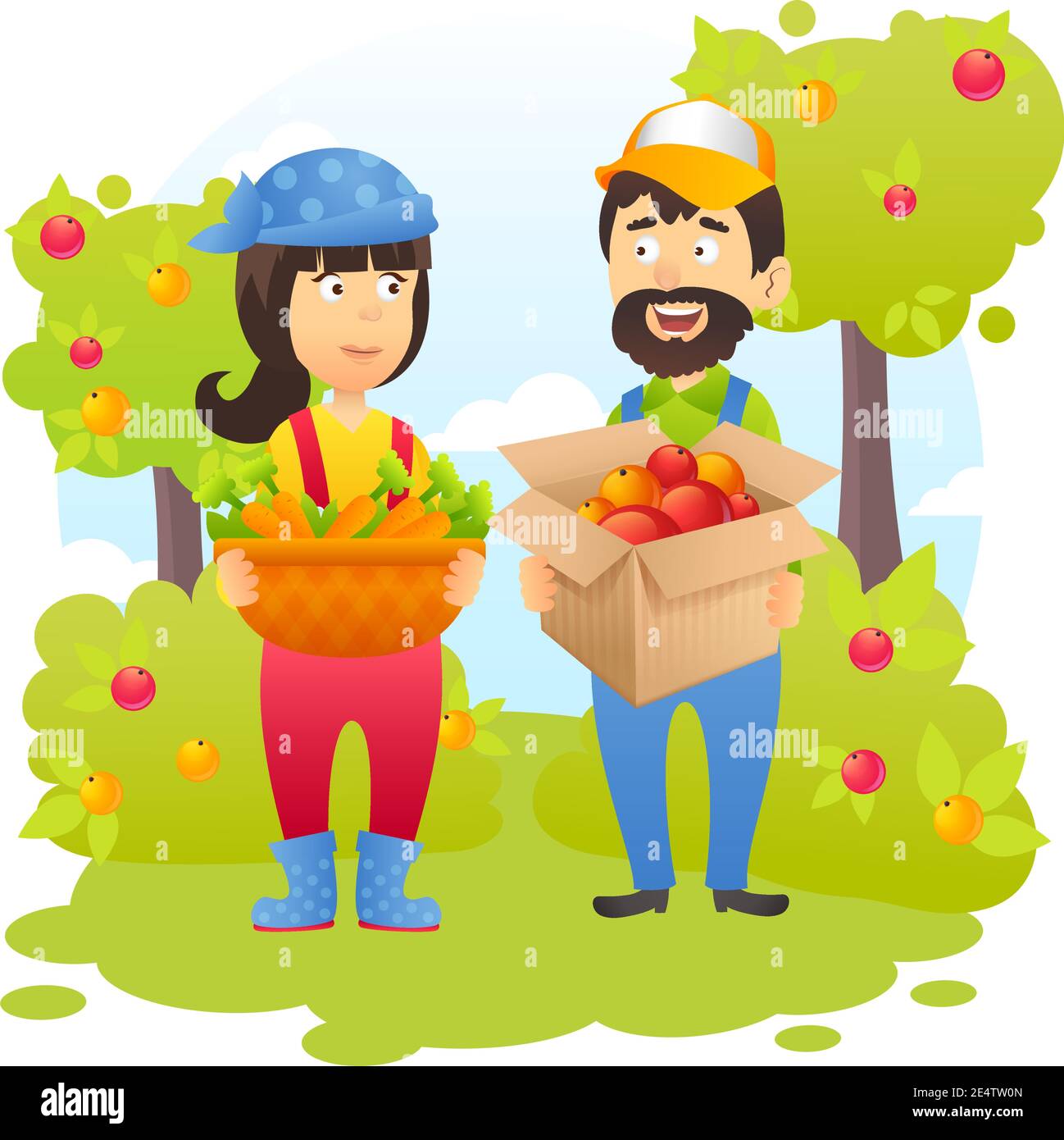 Male and female farmers in garden with harvest of carrots and apples ...