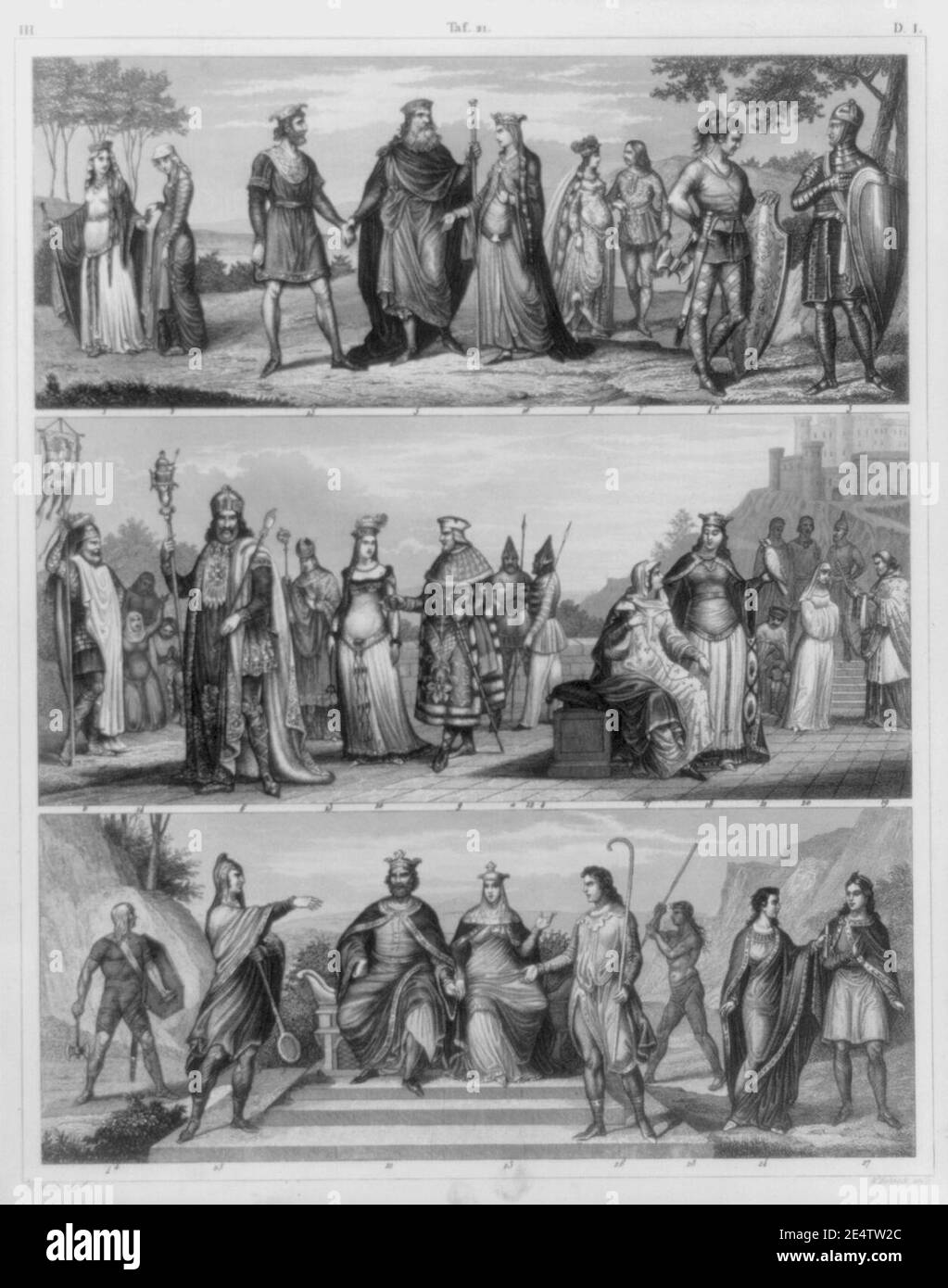 Medieval costumes of Central Europe- fig. 1 Queen Clotilda; fig. 2 Maid of honor; fig. 3 Frankish leader; fig. 4 Frankish warriors; fig. 5 King Clovis; fig. 6, Charlemagne; fig. 7, 8 Prince Stock Photo