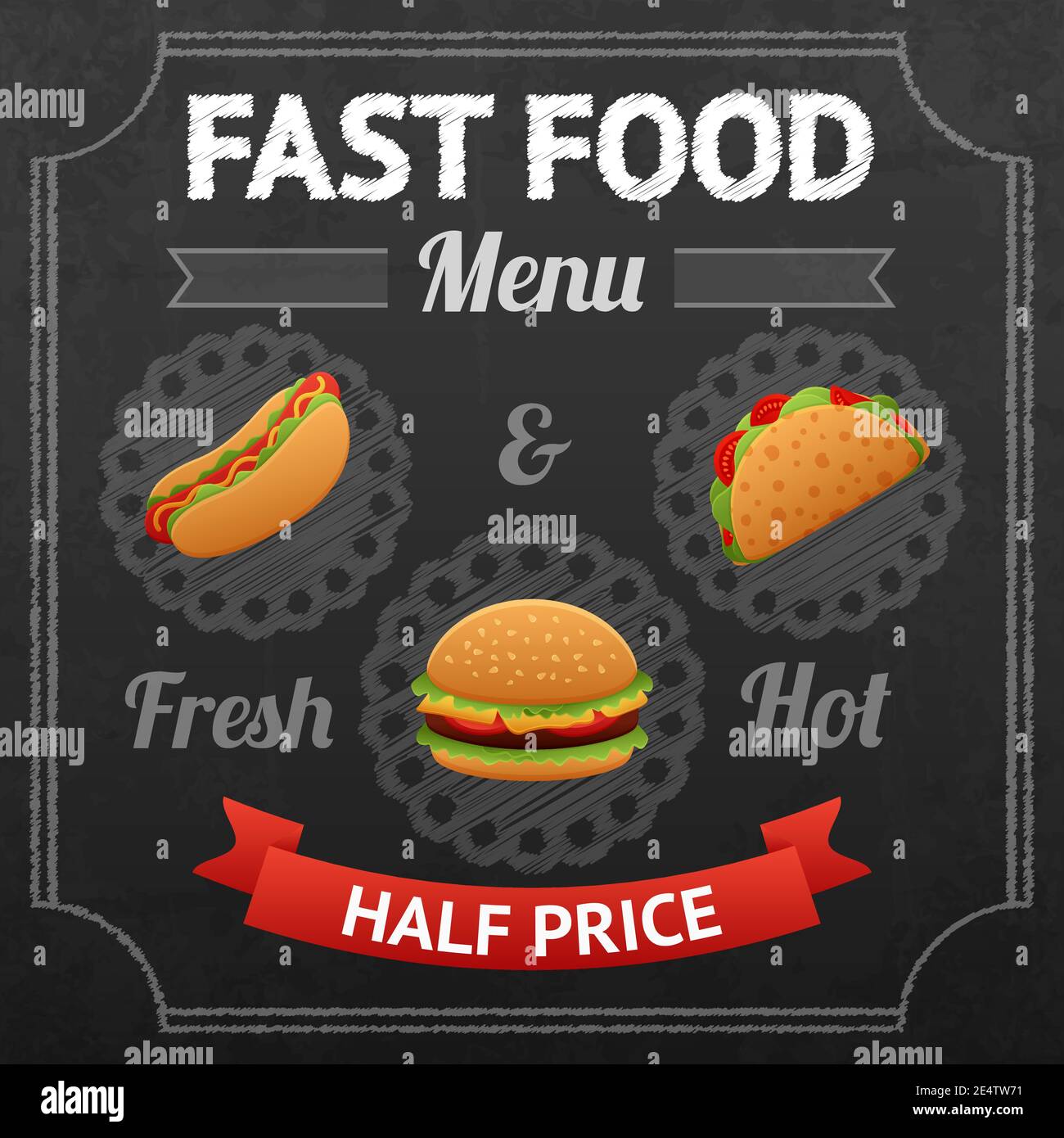 Fast food chalkboard poster with fresh and hot hotdog taco and hamburger  vector illustration Stock Vector Image & Art - Alamy