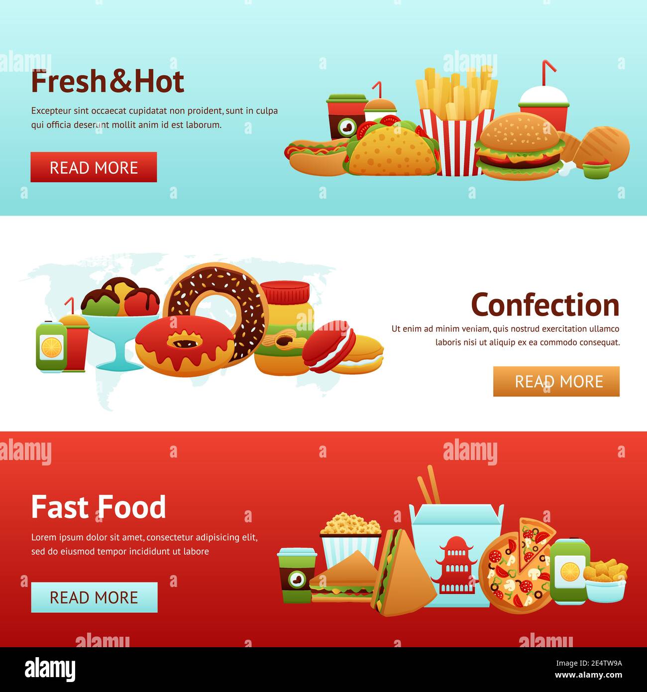 Fast food horizontal banner set with donuts soda potato chips isolated vector illustration Stock Vector