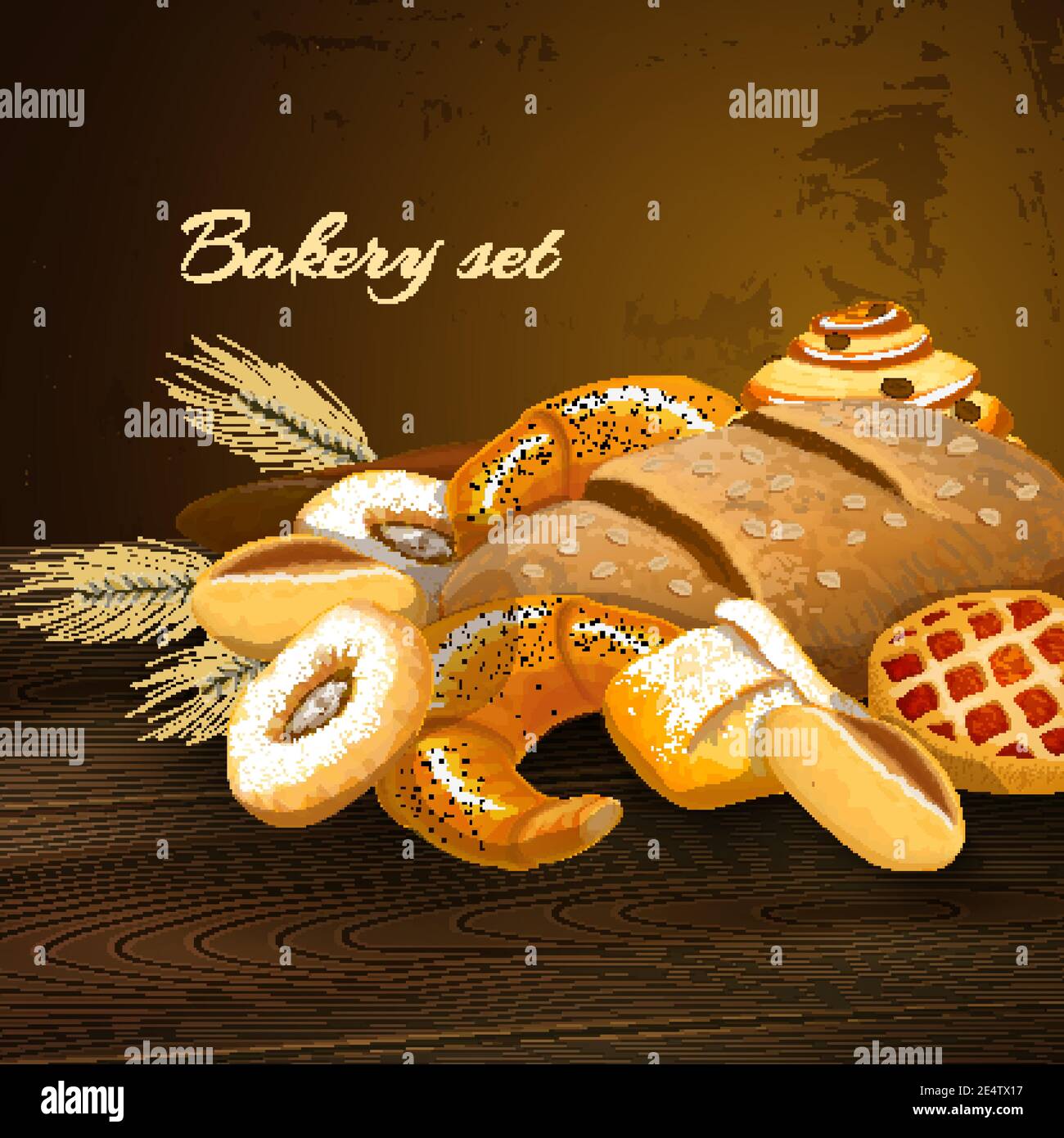Bakery bread poster with wheat pastry pie donuts and wheat ears on ...