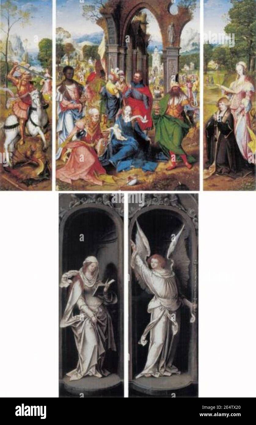 Meester van de Aanbidding te Antwerpen - Drieluik met de aanbidding van de Wijzen (middenpaneel), de H. Joris (binnenzijde linkerluik), de st Stock Photo