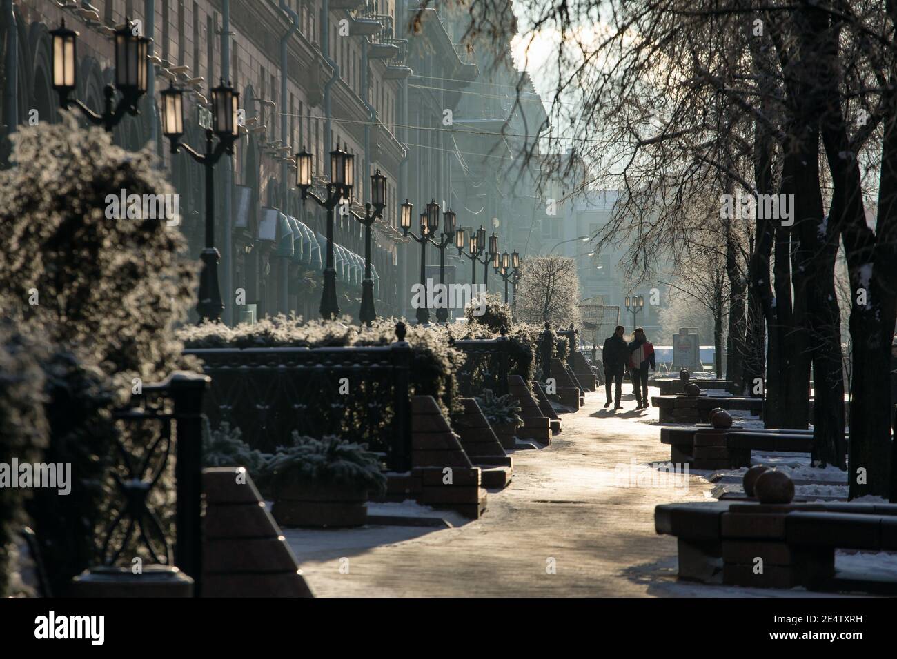 Boulevard with fountains at Lenina street in Minsk downtown in winter Stock Photo