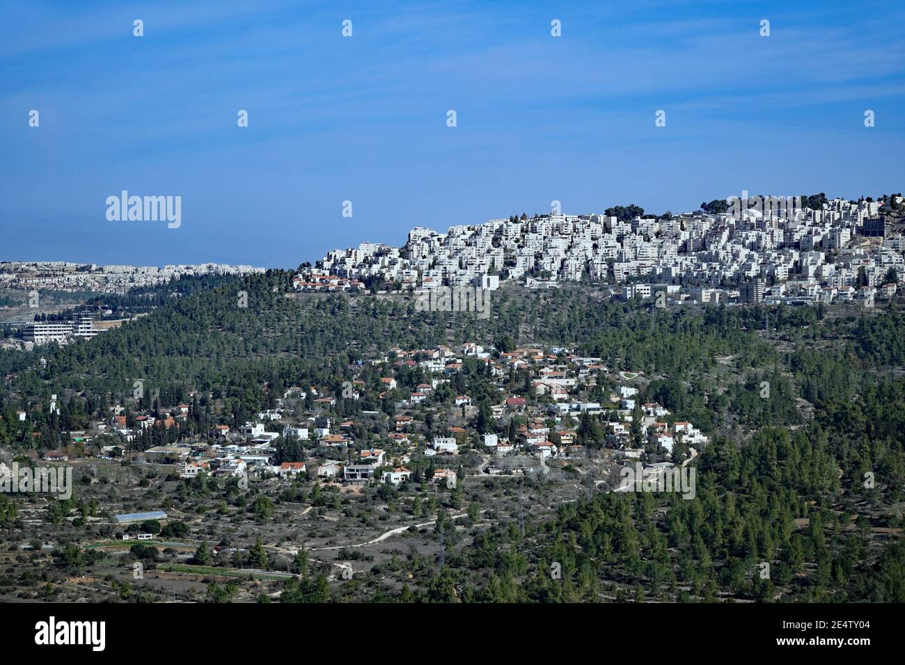 Forested hillsides of Jerusalem suburbs viewed from Hadassah Hospital Stock Photo
