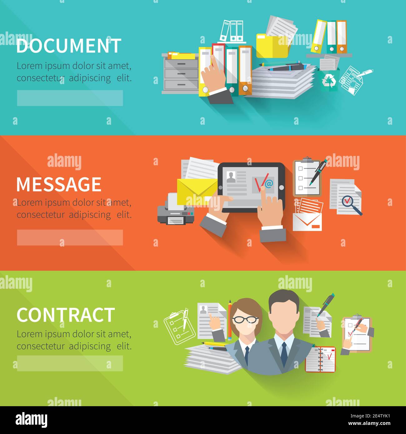 Document flat horizontal banner set with message contract elements isolated vector illustration Stock Vector