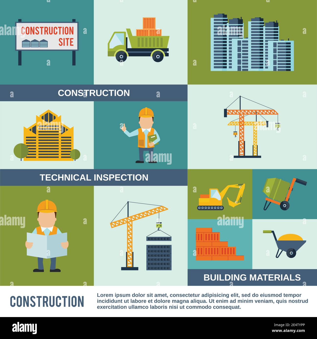 Construction icons flat set with technical inspection building ...