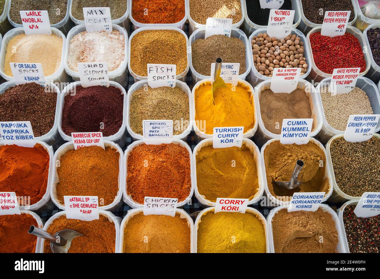 Variety of spices on traditional turkish market Stock Photo
