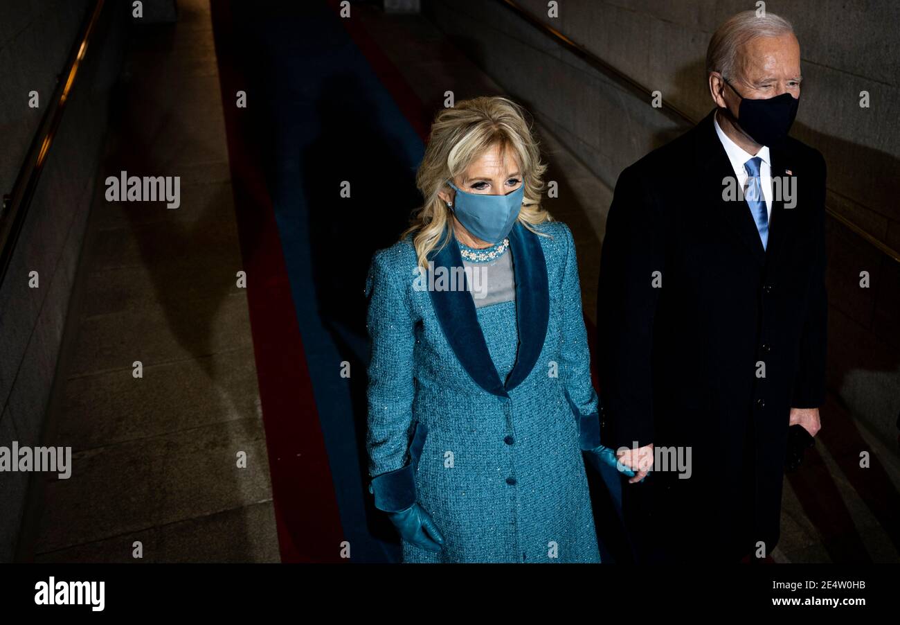 U.S. President-elect Joe Biden and Dr. Jill Biden wait to be announced for the walk out to the inauguration platform during the 59th Presidential Inauguration ceremony at the West Front of the U.S. Capitol January 20, 2021 in Washington, D.C. Stock Photo