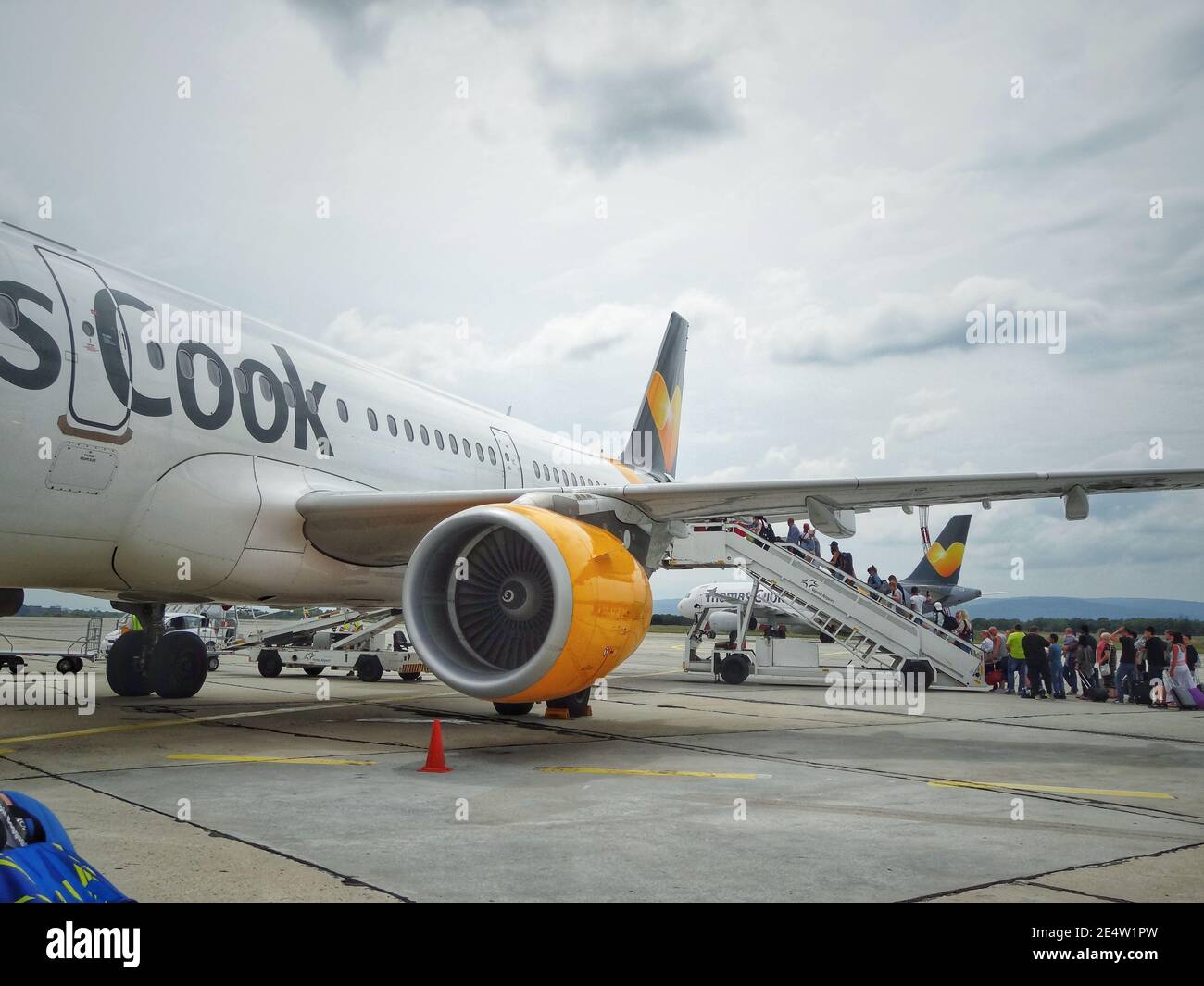 Varna, Bulgaria - August 24,2018: Passengers boarding on Thomas Cook airplane from Varna International Airport, Bulgaria. Stock Photo