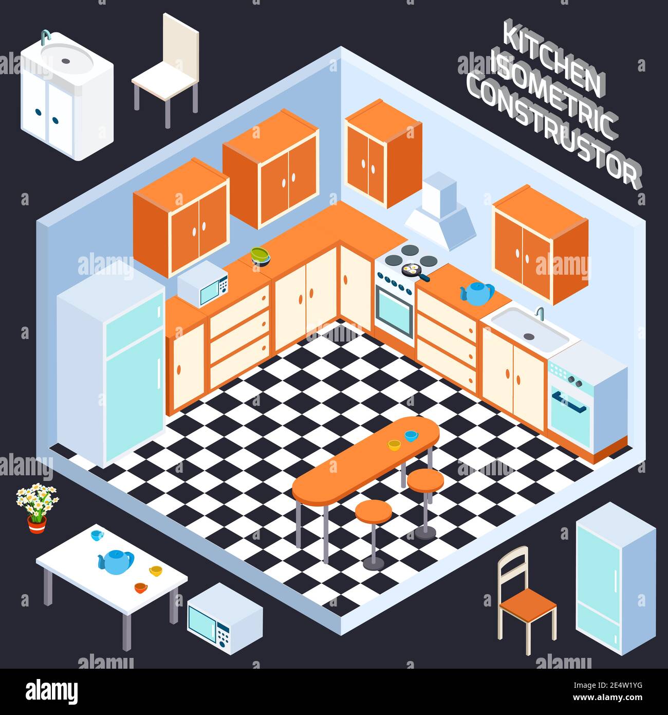 Isometric kitchen interior with 3d furniture and decoration elements ...