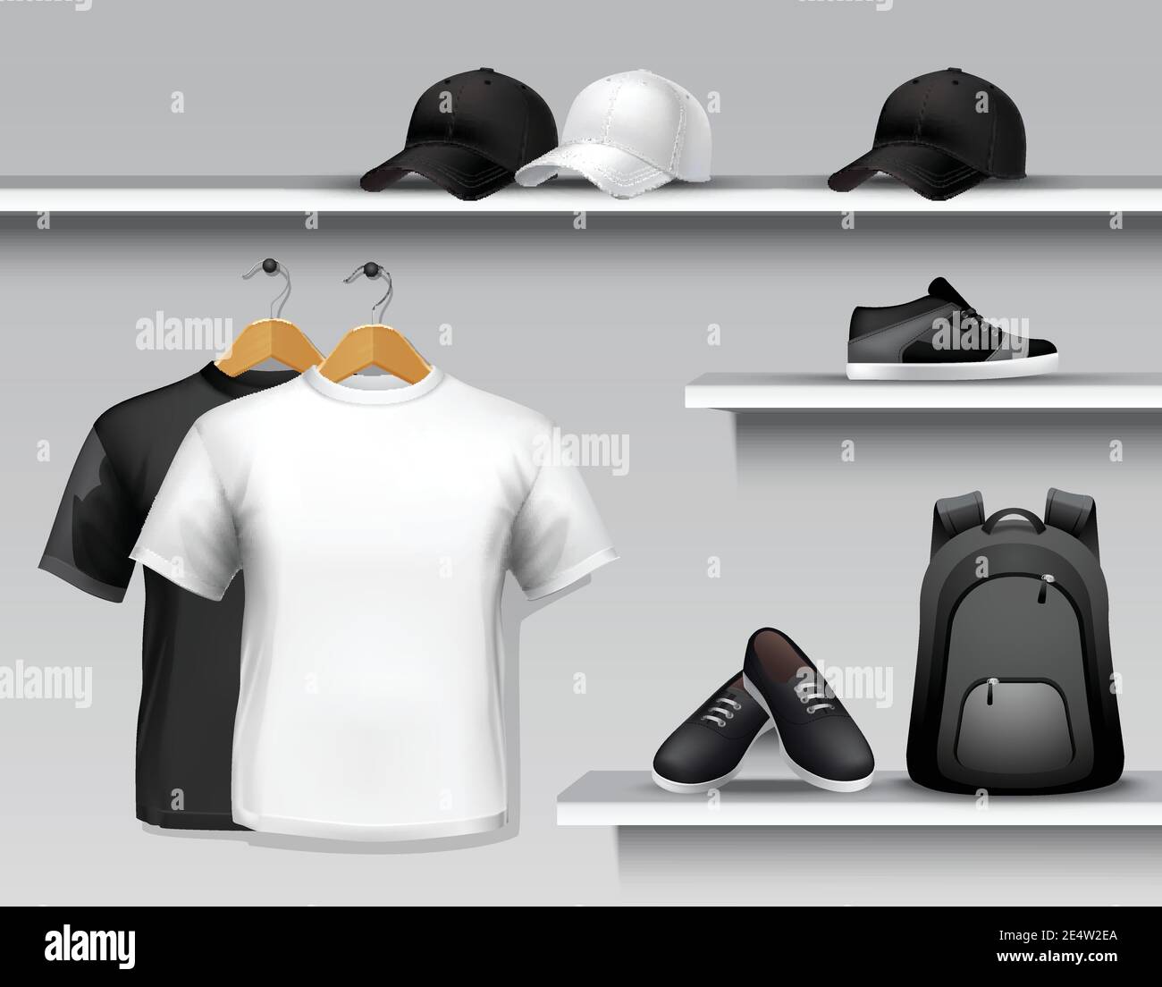 Sportswear store shelf with tshirts bags caps and shoes vector