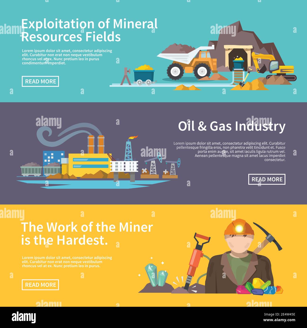 Miner work flat horizontal banner set with exploitation of mineral ...