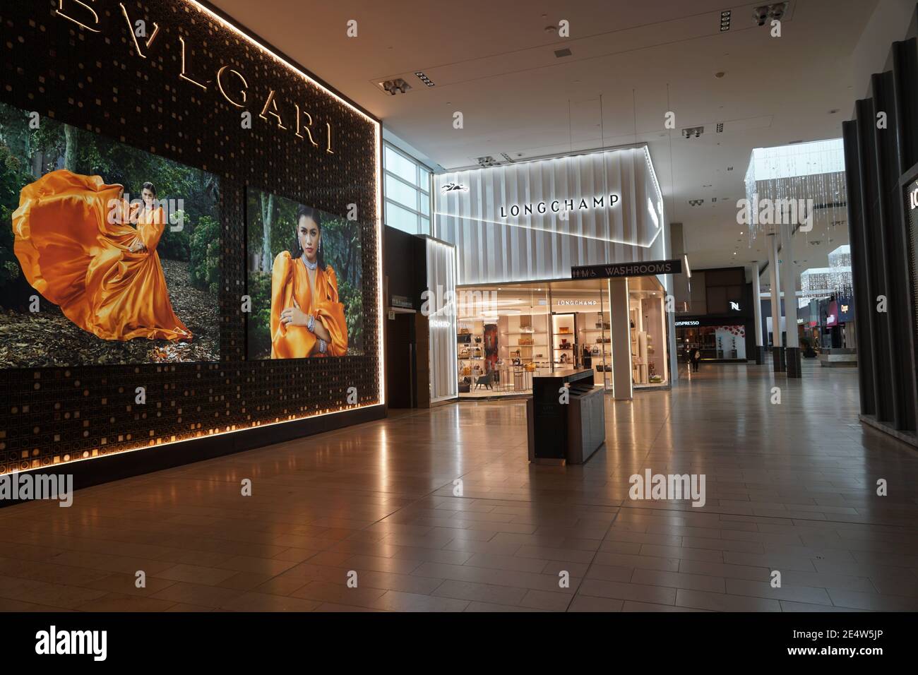 Toronto, Canada - January 24, 2021:  The Yorkdale shopping mall with luxurious stores is in lockdown as a preventive measure against the pandemic. Stock Photo