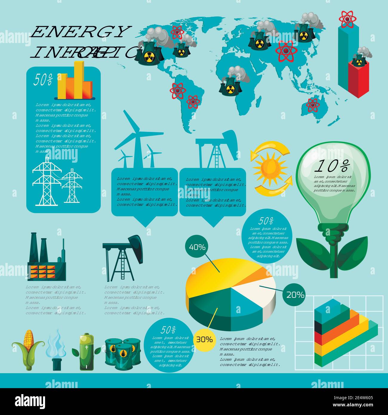 Energy infographics set with energy and power generation symbols charts