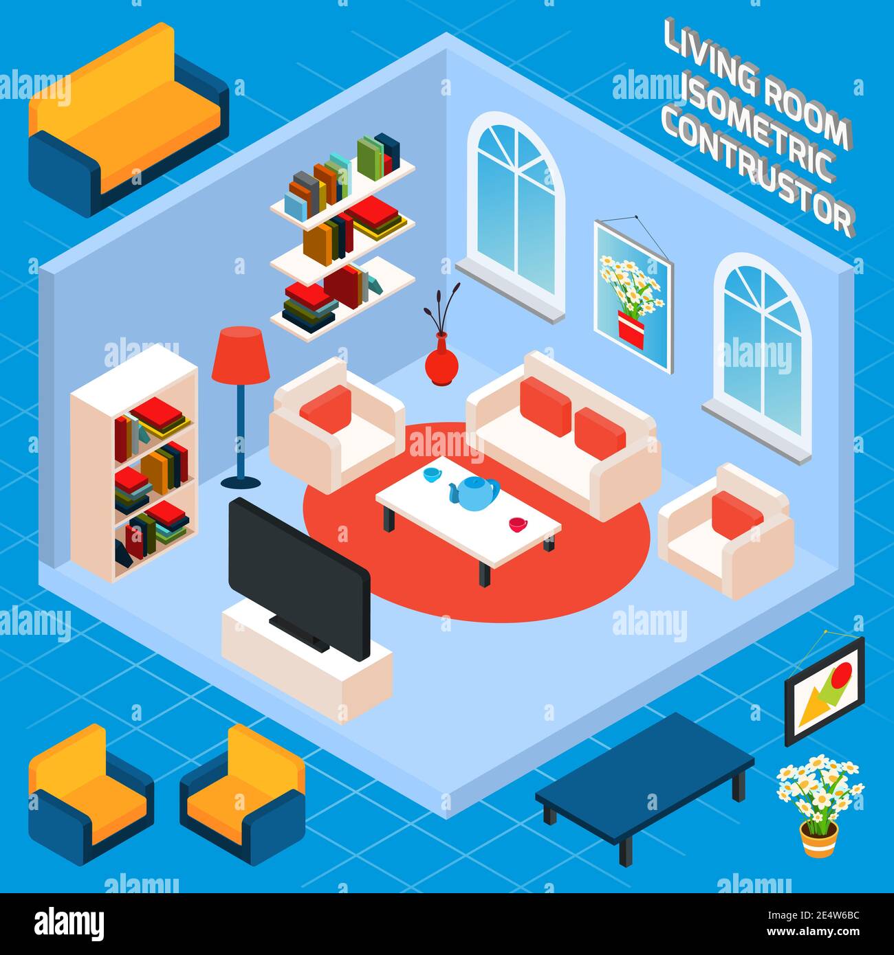 Isometric living room interior set with 3d furniture and domestic ...