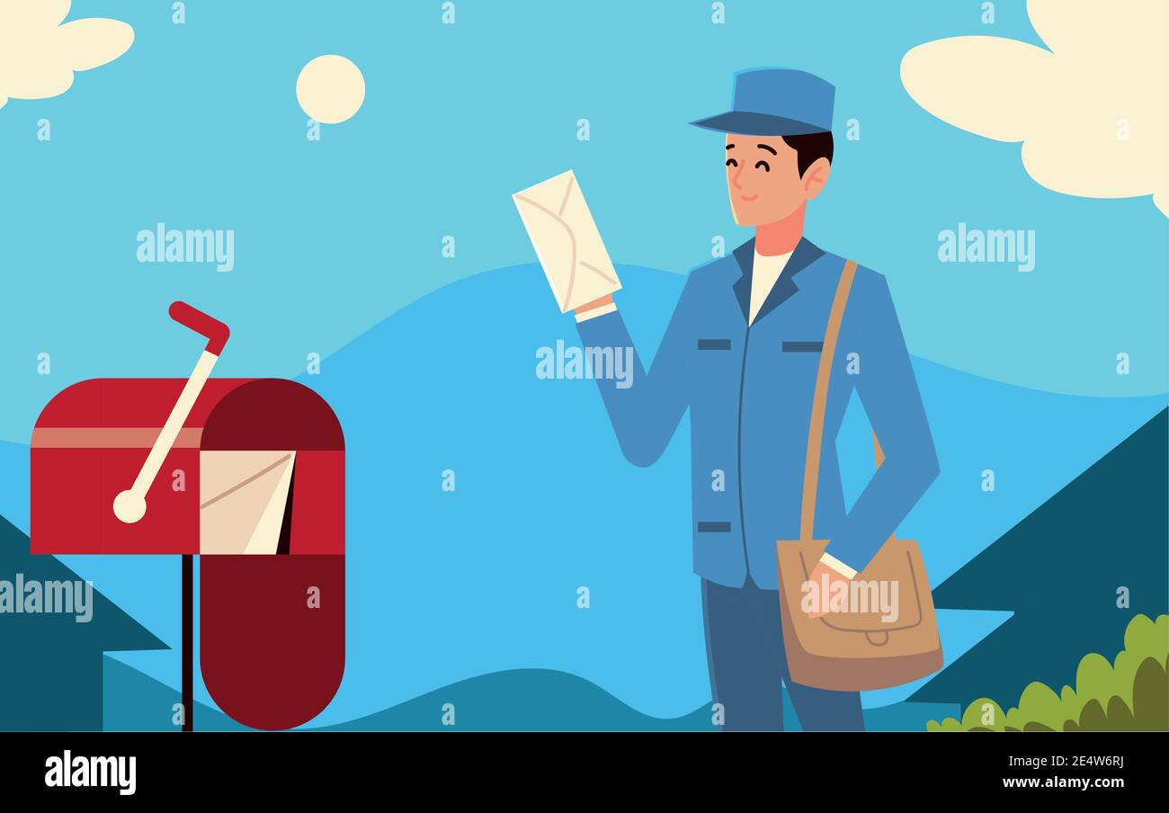 postal service postman with bag envelope and mailbox in the street ...