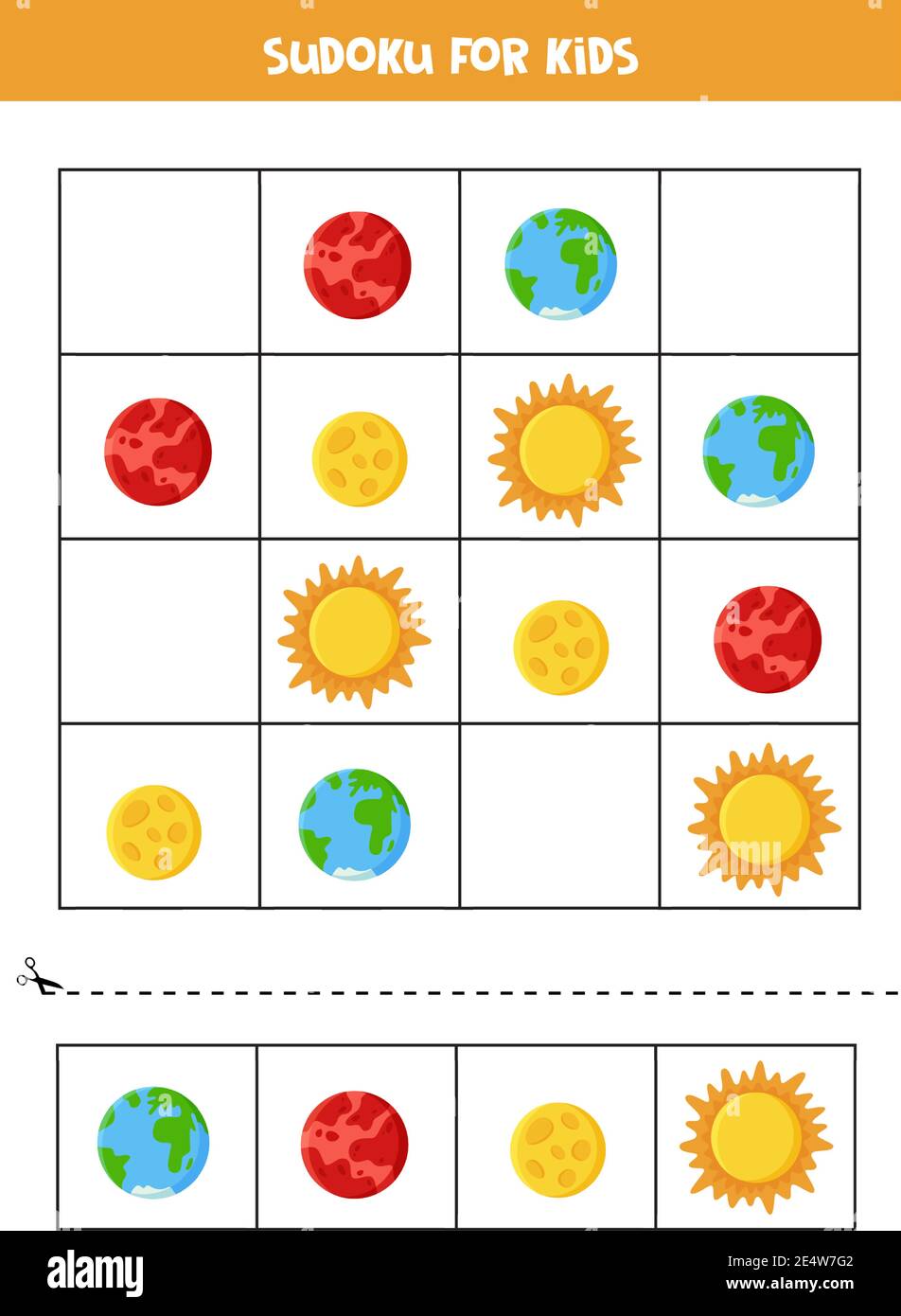 Space sudoku for preschool kids. Logical game with planets. Stock Vector