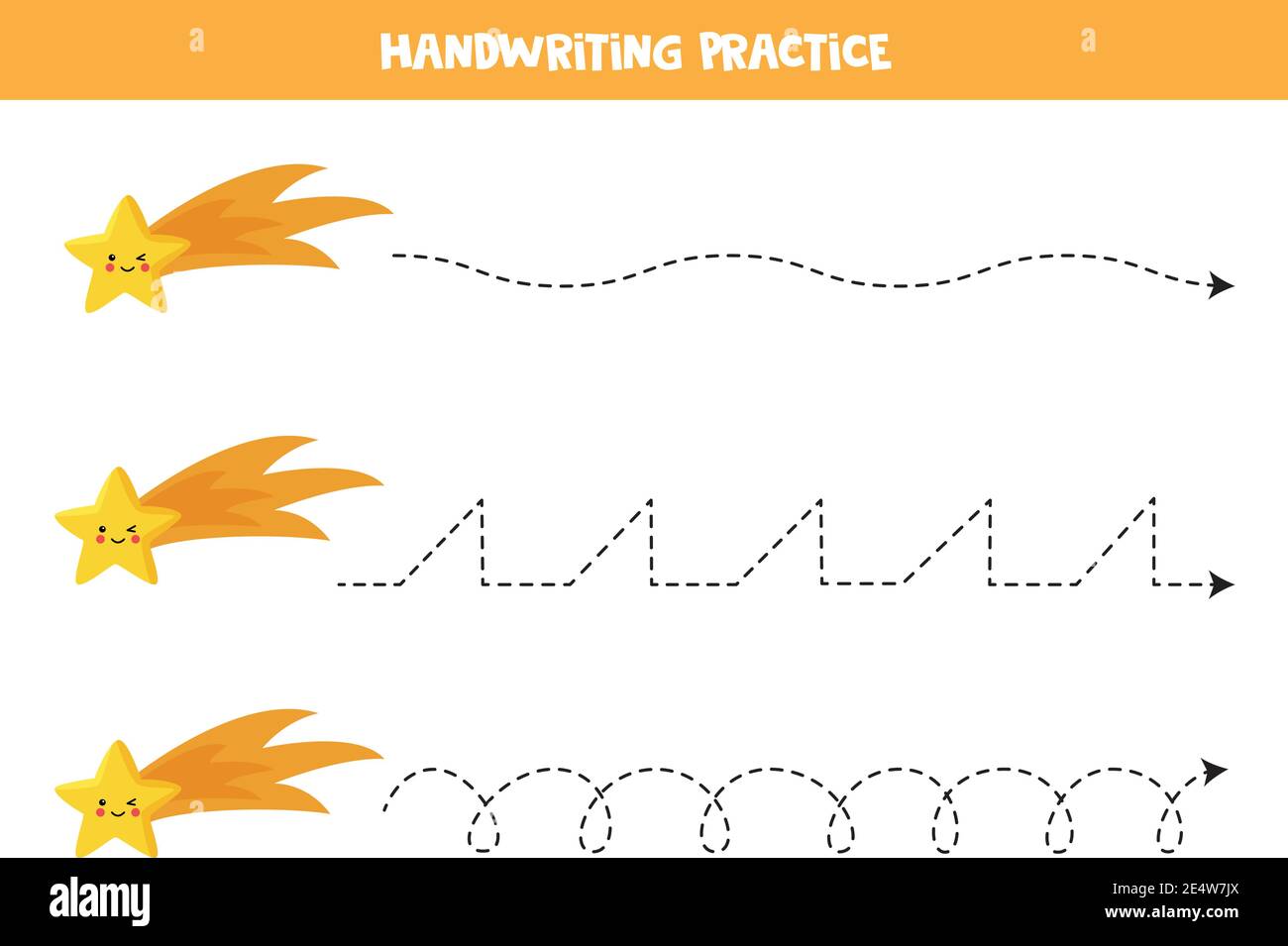 Tracing lines for kids with cute falling star. Handwriting practice for