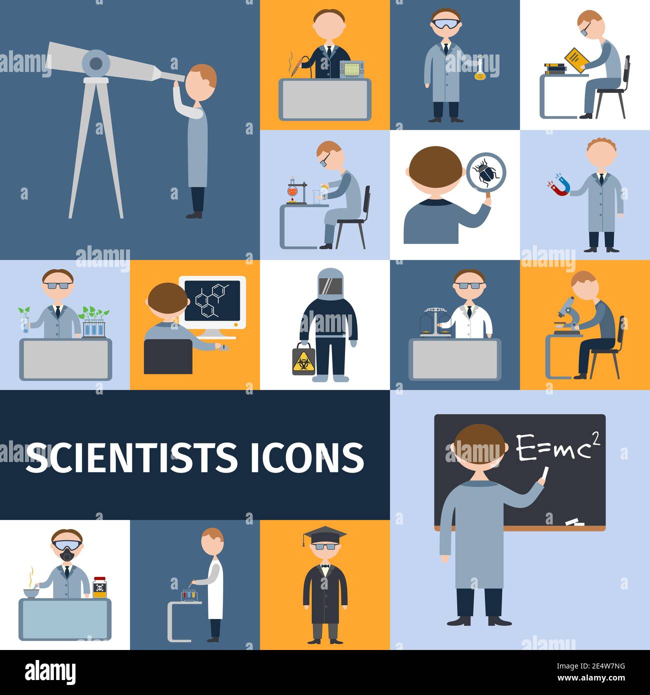 Scientists character icon set with mathematician explorer chemist