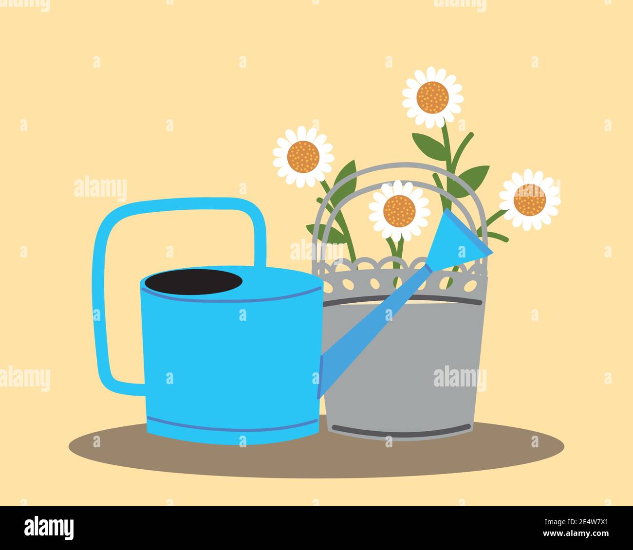 gardening, watering can and flowers in pot decoration vector ...