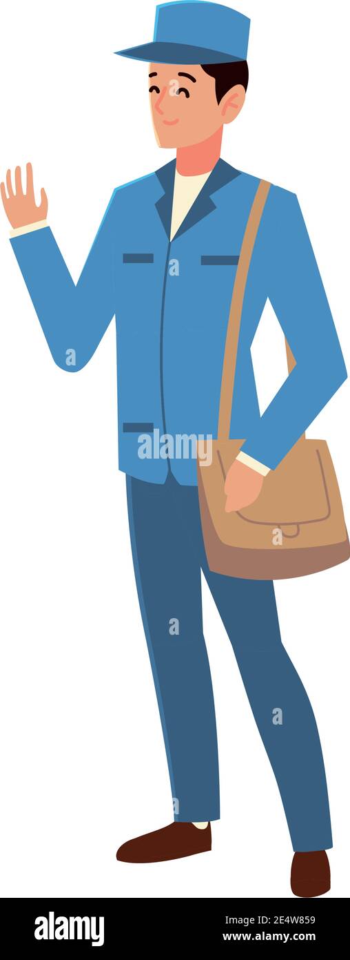 postman character in blue uniform and bag work vector illustration Stock Vector