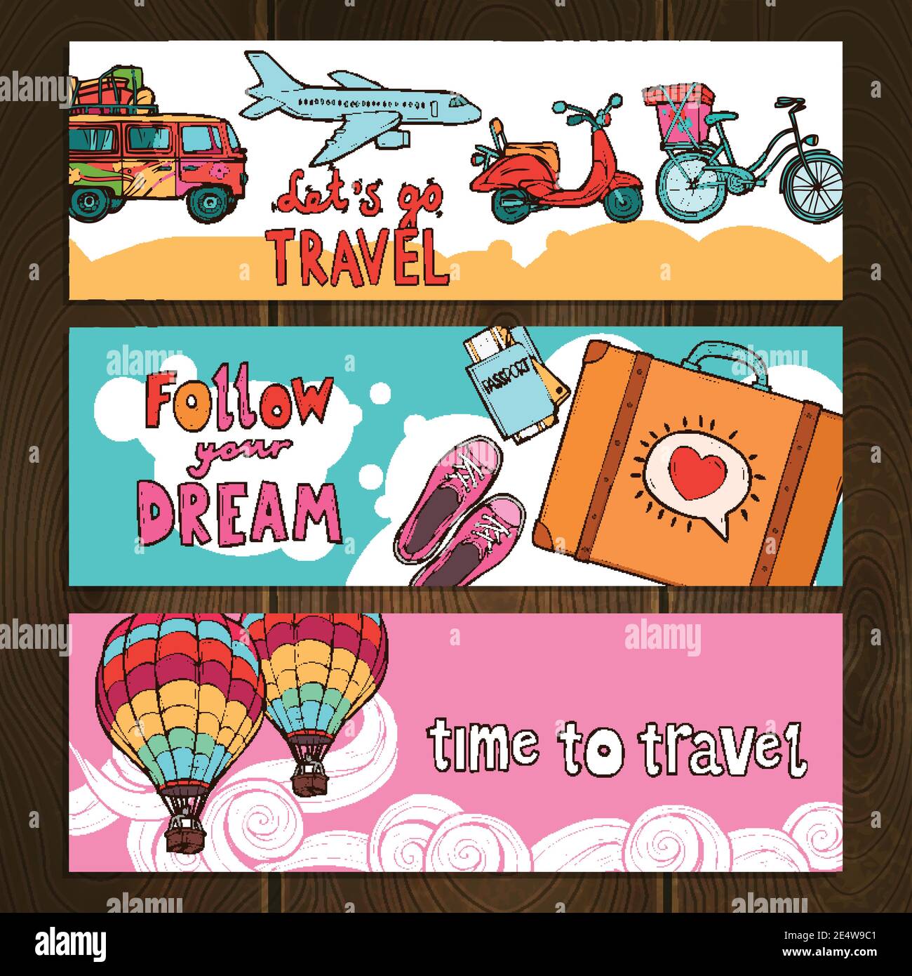 Travel tourism and vacation hand drawn horizontal colored banners set ...