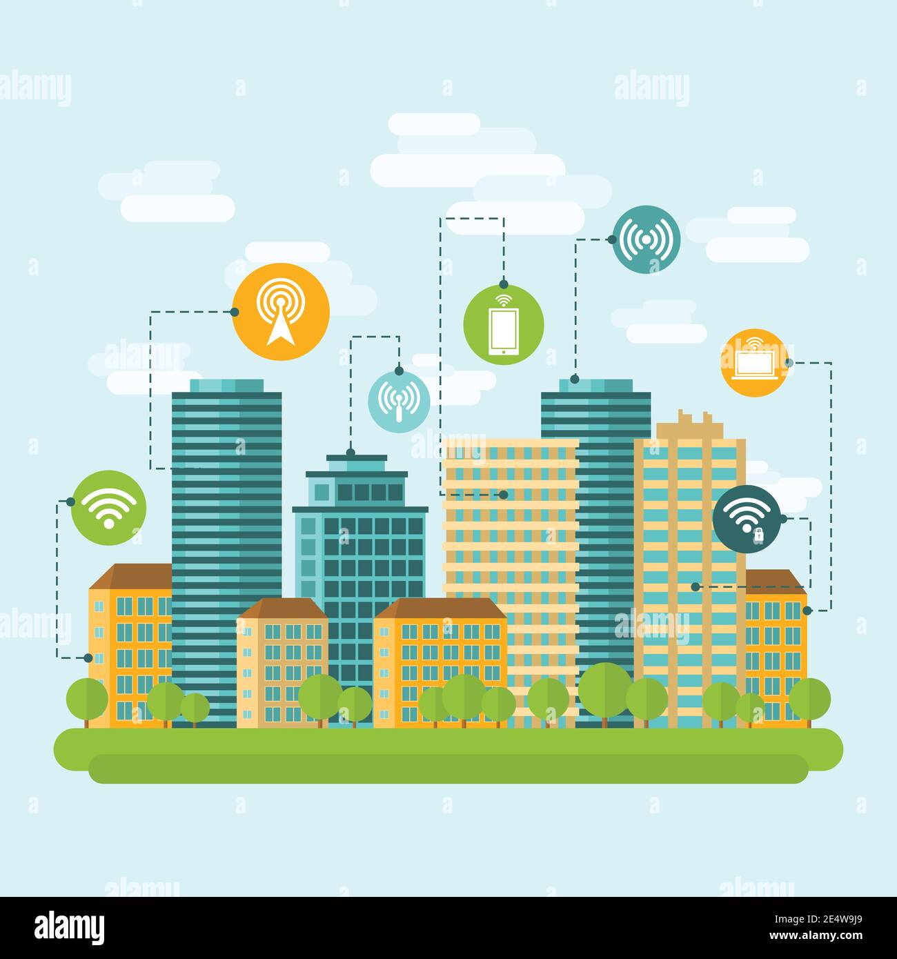 Business centre and residential downtown city area buildings computer wireless internet connection range concept abstract vector illustration Stock Vector